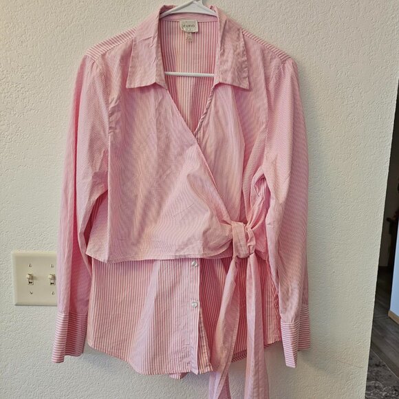 CUPIO Pink White Stripe Wrap Side Bow Button Down Shirt Long Sleeve Blouse Sz L - Picture 1 of 8